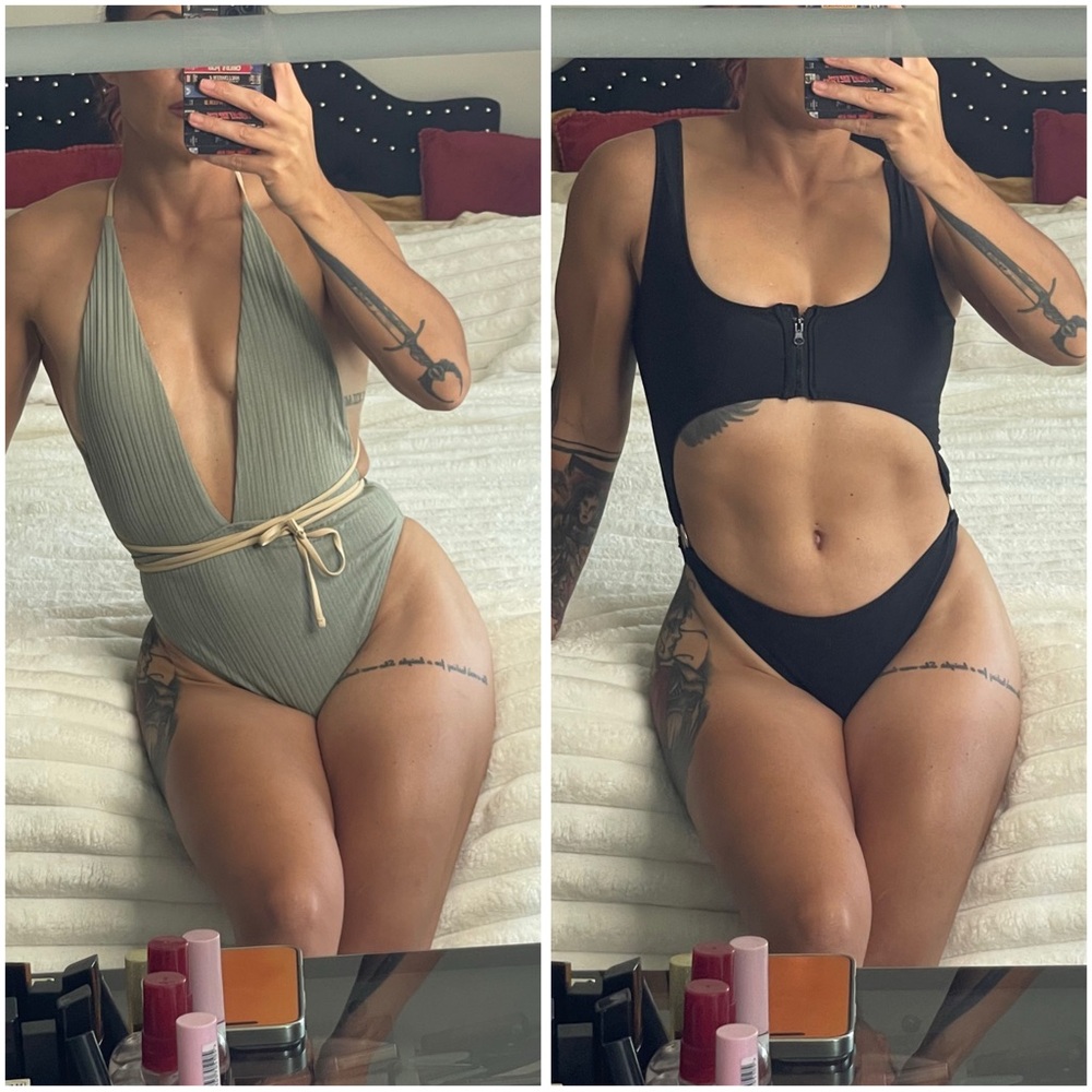 TWO one piece swimsuits: — Olive Green & Black
